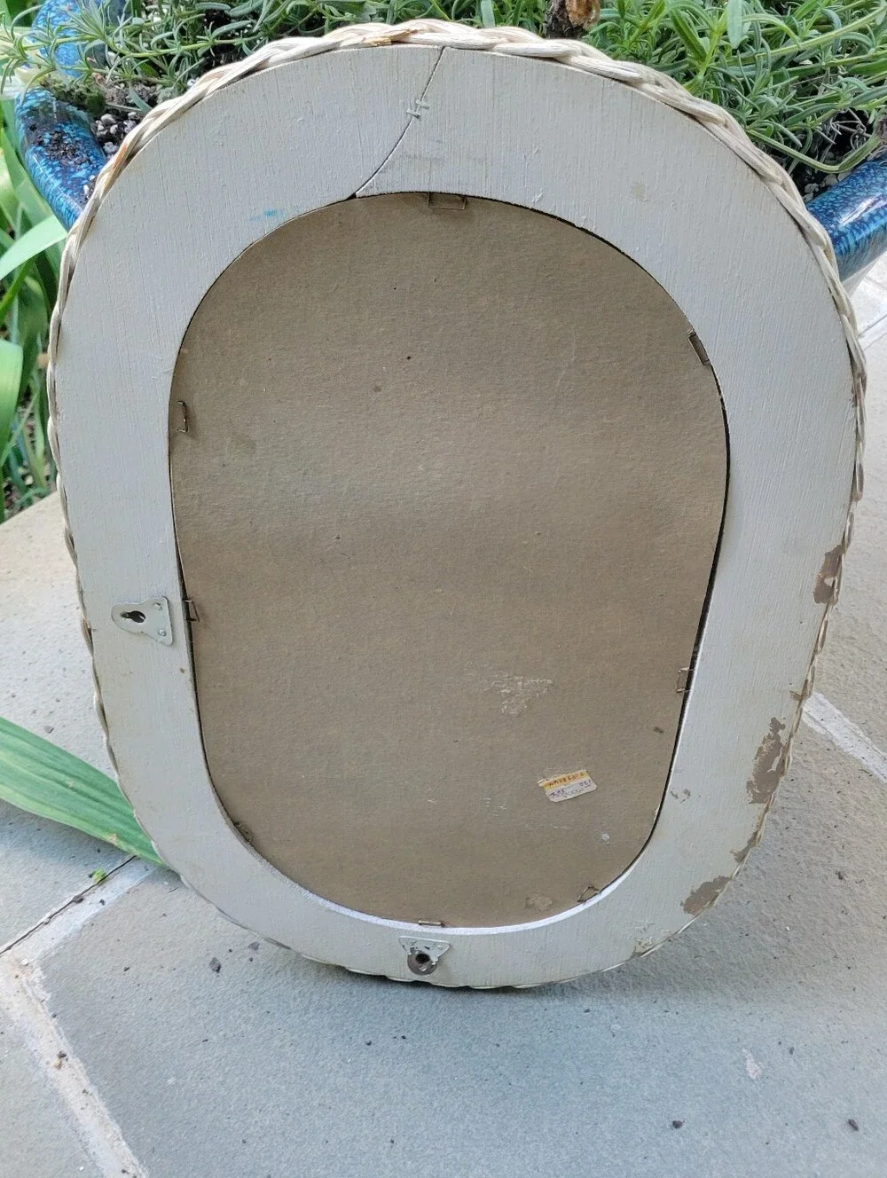 Vtg Taupe Wicker Oval Mirror Cottage Shabby Chic Vanity Lake House 18”x12”